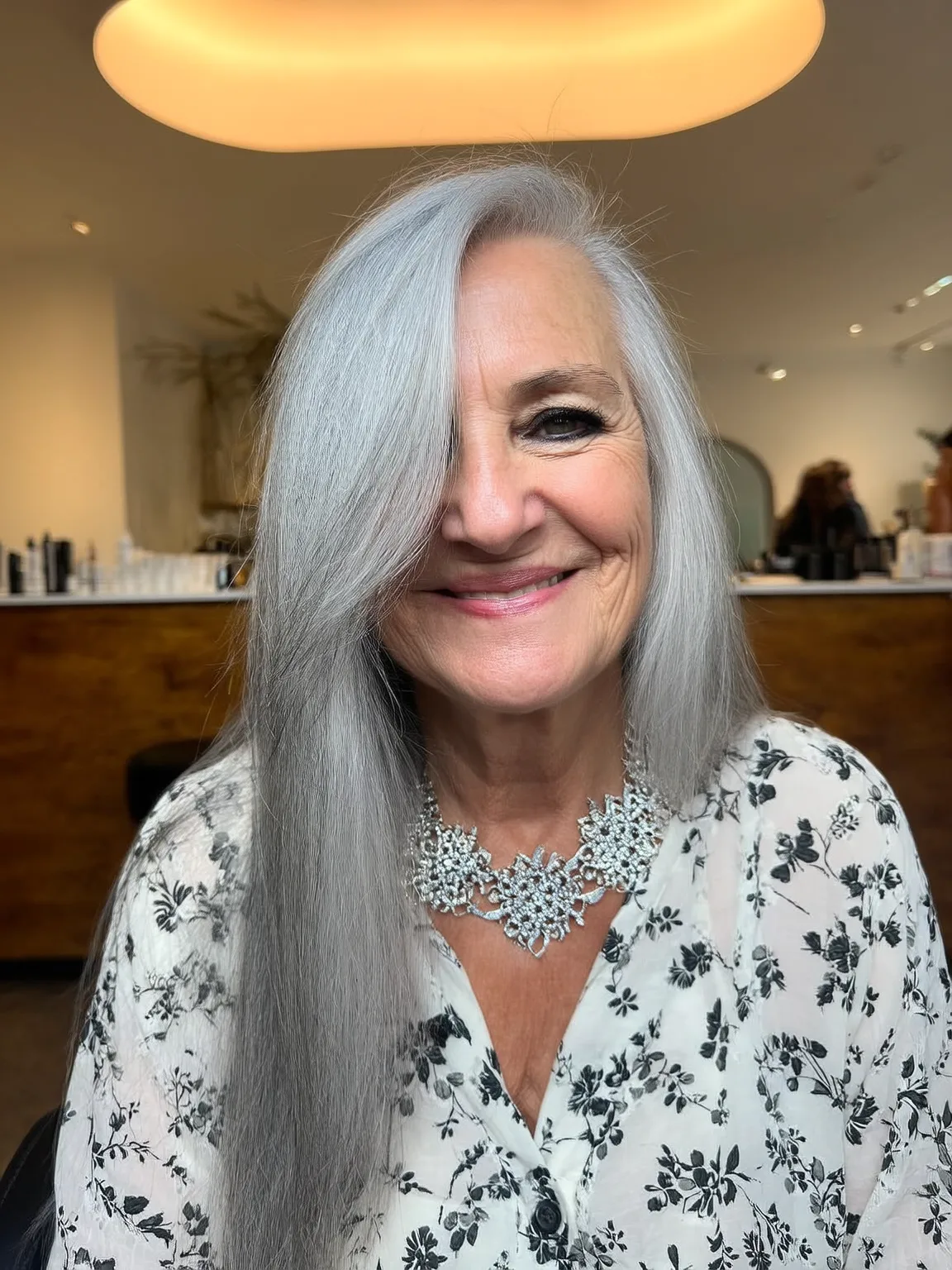 Long Straight Silver Frost Layers with Side-Swept Bangs